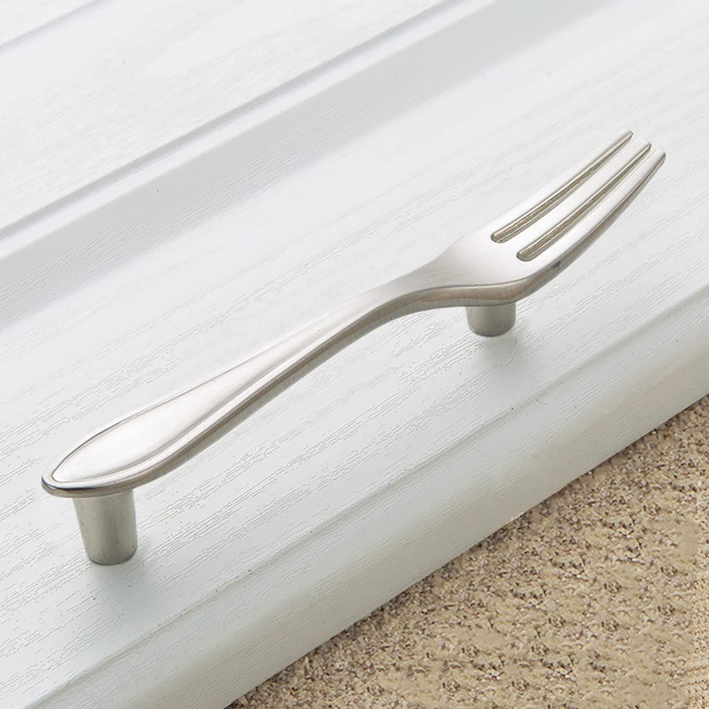 Sinyiol 3Pcs Funny Cutlery Tableware Cabinet Pulls,Creative Spoon Fork Knife Shape 3" Hole Center Vintage Kitchen Cupboard Pulls Handles,Cute and Fun (Mixed Pack, Silver, 3Pcs)