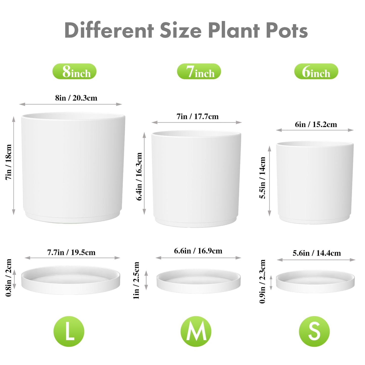 Meowell 8/7/6 inch Plant Pots, Set of 3 Cylinder Flower Pots for Outdoor Indoor Plants, Decorative Plastic Planters with Drainage Holes and Saucers for Garden House Plants, White