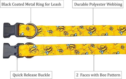 Dog Collar Leash Set, Busy Bee Pattern, 5ft Matching Leash, Polyester Material, 4 for Small Medium Large Dogs.(S, Bee)