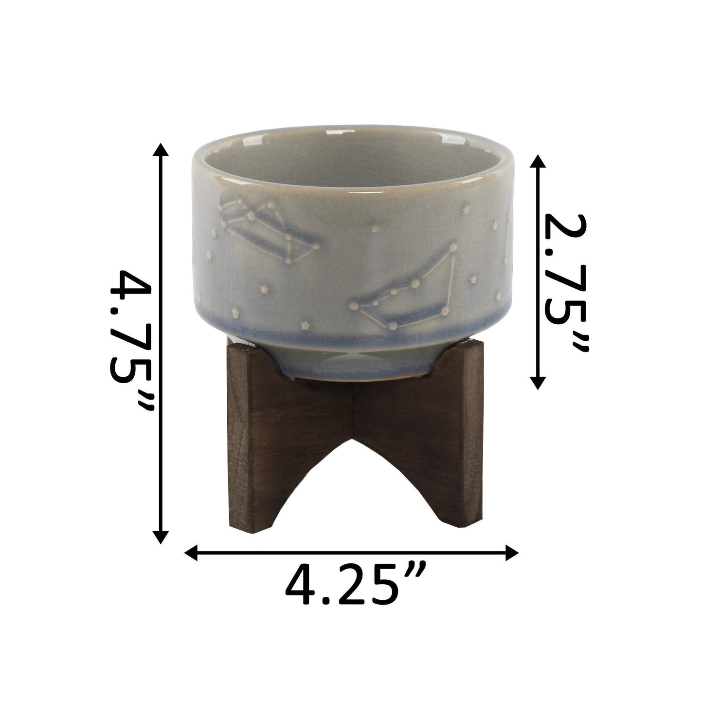 Flora Bunda 4 Inch Constellation Ceramic Pot on Wood Stand Mid Century,Glass Blue 4"