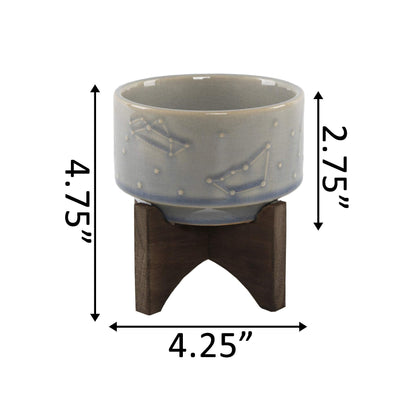 Flora Bunda 4 Inch Constellation Ceramic Pot on Wood Stand Mid Century,Glass Blue 4"