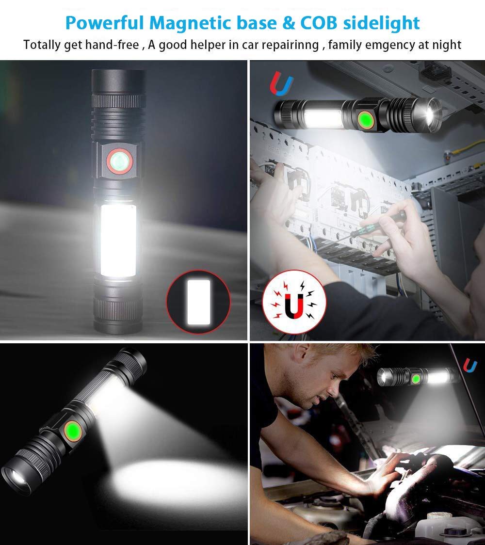 Hoxida Flashlight USB Rechargeable, Magnetic LED Flashlight, Super Bright LED Tactical Flashlight with Cob Sidelight, Waterproof, Zoomable Best Small LED Flashlight for Camping, Emergency Flashlights