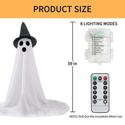 2 Packs Halloween Ghost Outdoor Decorations, 59” Light Up Ghost Decor with Remote Control, Adjustable Height Standing Halloween Lighted Ghost Kit with Witch Hat Ideal for Porch, Garden, Yard