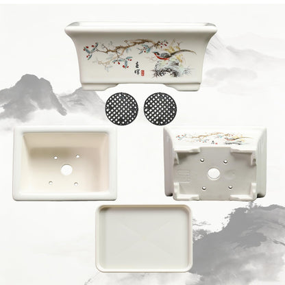 KyoYi Bonsai Pots with Drainage Tray, 6 Inch Plant Pot, Rectangular Chinoiserie Ceramic Planters,Painted Shallow Pot for Succulents, Bonsai Tree, Indoor Plants | Home Office Table Top Decor & Gifts
