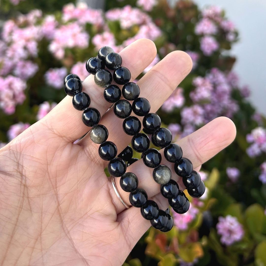 Adabele Real Natural Gold Sheen Obsidian Gemstone Beaded Bracelet 7.5 inch Stretch Chakra Healing Crystal Stone Jewelry Energy Quartz Rock GB8-B24