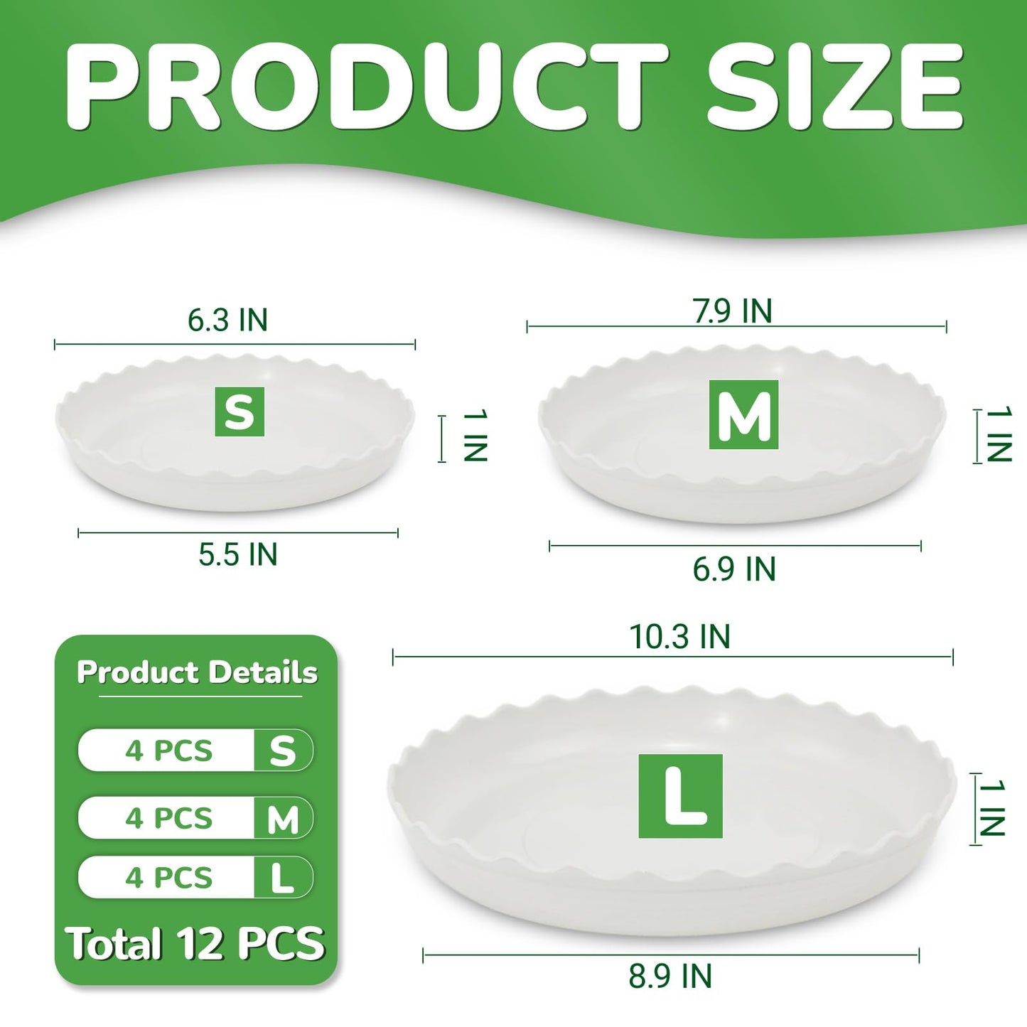 YUANAIYI 12 Packs Wave Plant Saucer - Plastic Flower Pot Drip Trays/Durable Heavy Duty White Plant Tray for Indoor and Out Door Plant(6/8/10 inch)