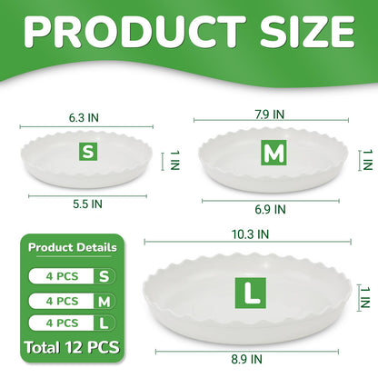YUANAIYI 12 Packs Wave Plant Saucer - Plastic Flower Pot Drip Trays/Durable Heavy Duty White Plant Tray for Indoor and Out Door Plant(6/8/10 inch)