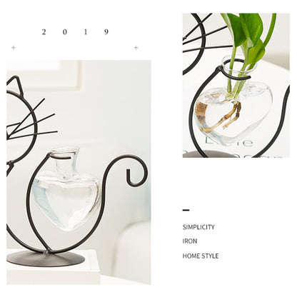 Cat Glass Planter Vase Holder - Plant Terrarium - Simple Cat Iron Flower Ware Hydroponic Flower Arrangement Vase (Sit)