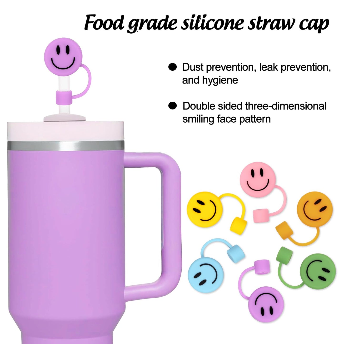 Whaline 6 Pcs Groovy Smile Face Straw Covers 0.4 Inch Silicone Reusable Round Straw Topper Double Sided Pattern Straws Tip Covers for 30 & 40 Oz Tumbler with Handle