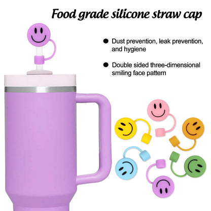 Whaline 6 Pcs Groovy Smile Face Straw Covers 0.4 Inch Silicone Reusable Round Straw Topper Double Sided Pattern Straws Tip Covers for 30 & 40 Oz Tumbler with Handle