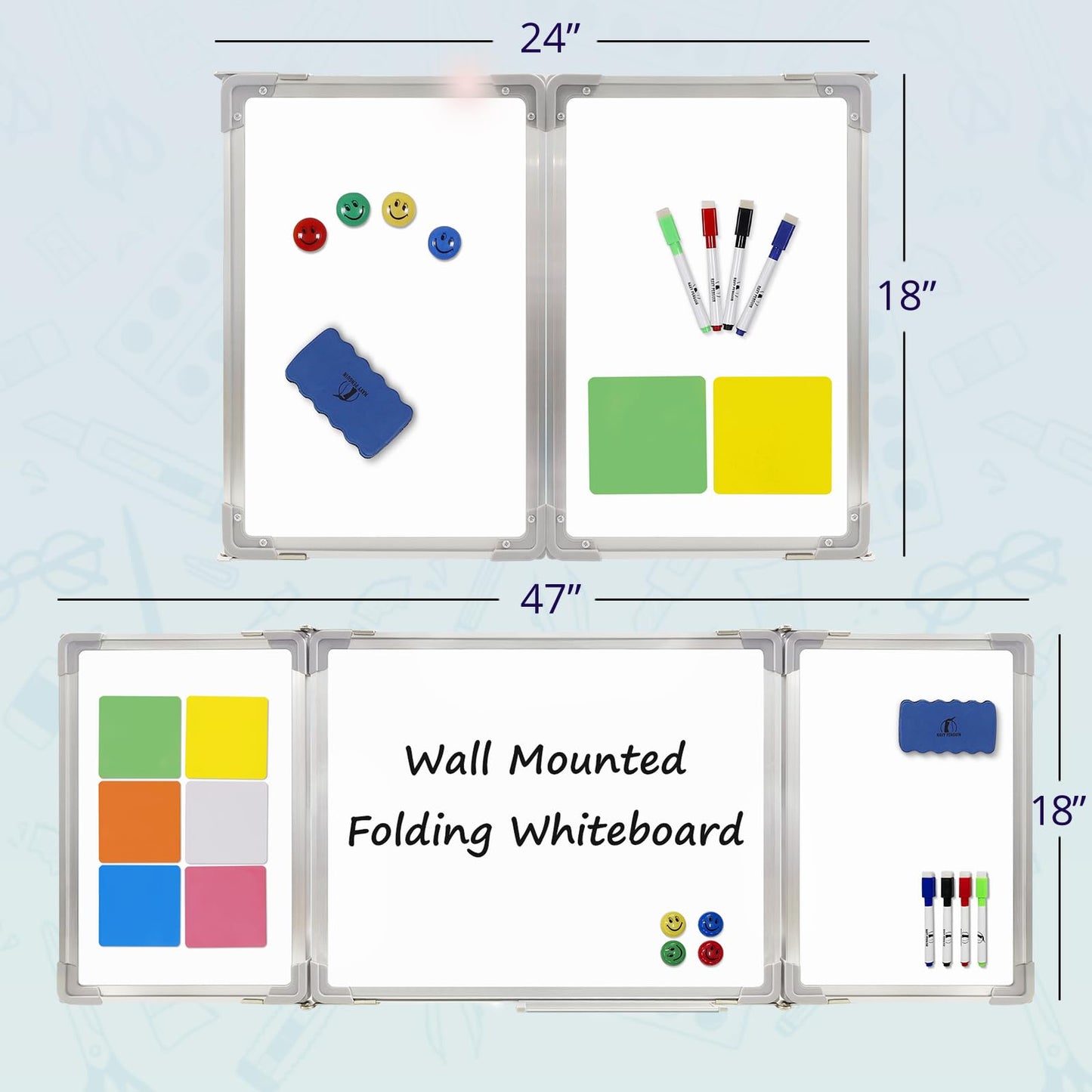 Whiteboard Set - Dry Erase Board 47 x 18 in with 1 Dry Wipe Eraser, 4 Markers, 4 Magnets and 6 Magnetic Notes - Large Wall White Board for Home and Office