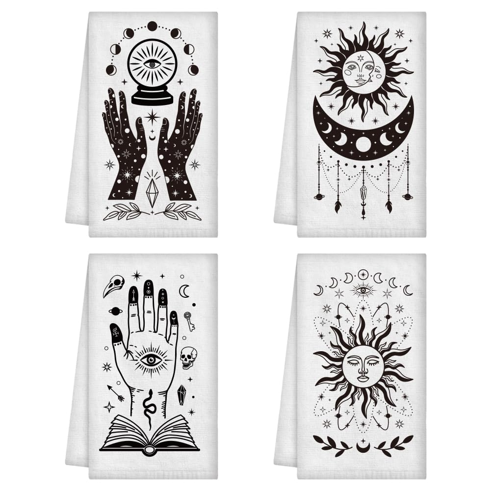 WADORN 4 Styles Gothic Divination Kitchen Towels, 24x16 Inch Funny Witchy Tarot Moon Phases Sun Decorative Dish Towels Soft Absorbent Dish Cloths for Cooking Baking Housewarming