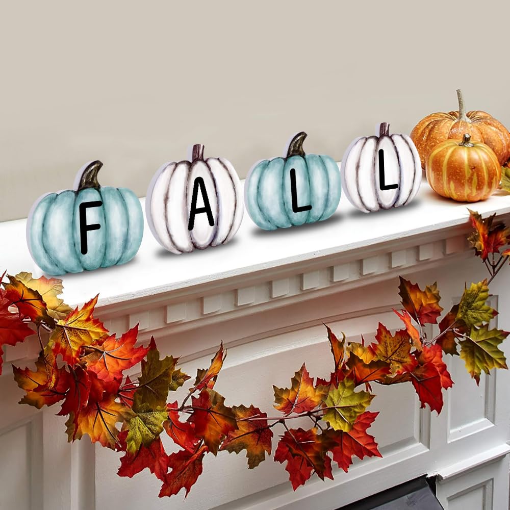 YUJUN 4 Pieces Fall Pumpkin Wooden Signs Decoration,Blue Autumn Tiered Tray Pumpkin Tabletop Decor for Thanksgiving Fall Home Kitchen Harvest Party Decor Supplies