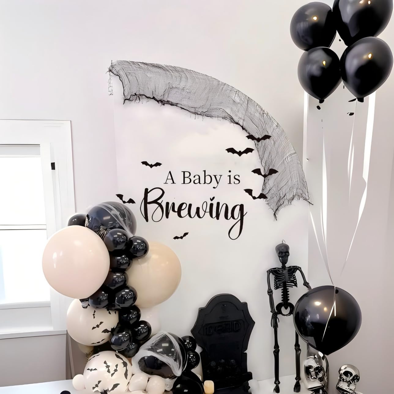 A Baby is Brewing With Bats Welcome Sign Decal for Halloween Witchy Baby Shower, October Fall Season, Haunted House Backdrop
