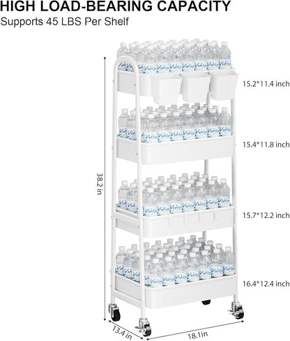 White 4 Tier Rolling Cart Metal with Wheels, Heavy Duty Utility Storage Organizer Carts on Wheels, Four Tiered Roller Cart for Kitchen, Book, Snack, Craft, Art, Dorm, Large Capacity Basket, 38in Tall