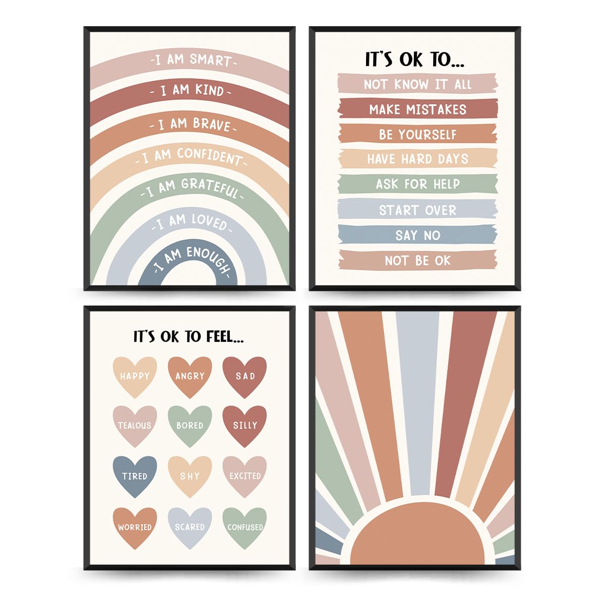 PLKMN Boho Rainbow Wall Art, Positive Affirmations Prints for Kids Room, Nursery, Classroom, Teacher Gifts, 10x8 Inch, Set of 4 Unframed