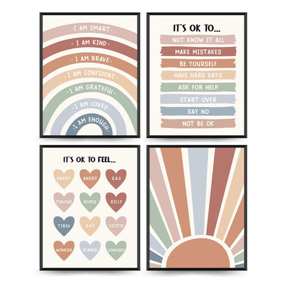PLKMN Boho Rainbow Wall Art, Positive Affirmations Prints for Kids Room, Nursery, Classroom, Teacher Gifts, 10x8 Inch, Set of 4 Unframed