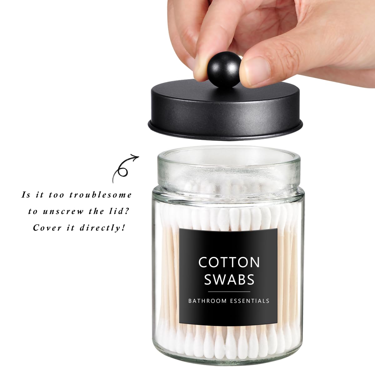 SheeChung 2-Pack Qtip Holder Dispenser - Glass Apothecary Jars with Rust-Proof Stainless Steel Lids - Modern Farmhouse Bathroom Vanity Organizer for Cotton Swabs, Balls, Pads(Black)