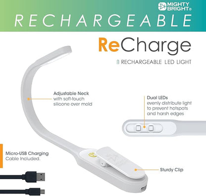 The Original Mighty Bright Recharge Clip On Rechargeable Book Light Reading Light, Warm Eye Care LEDs, Flexible, Durable, Dimmable, Perfect for Kids, Bookworms, Reading in Bed, Lasts 60 Hours (White)