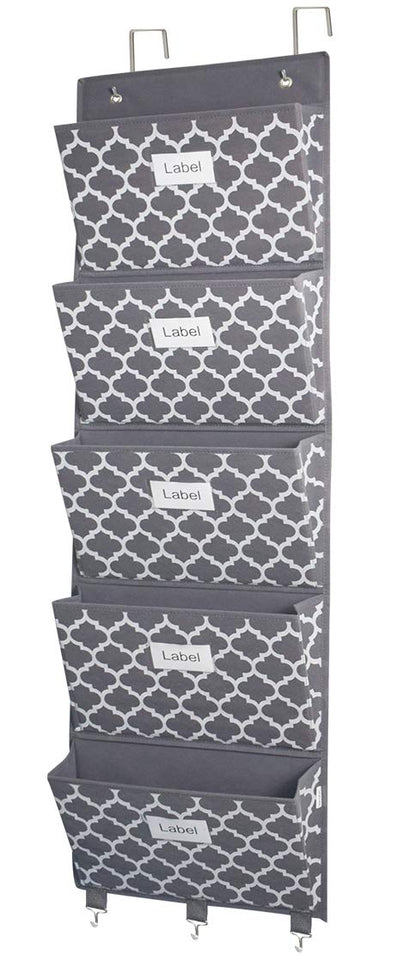 homyfort Over the Door File Organizer, Hanging File Folders, Wall Organizers and Storage for Mail, Magazine, Notebooks, Planners, Office, Classroom, 5 Extra Large Pockets (Grey Lantern Pattern)