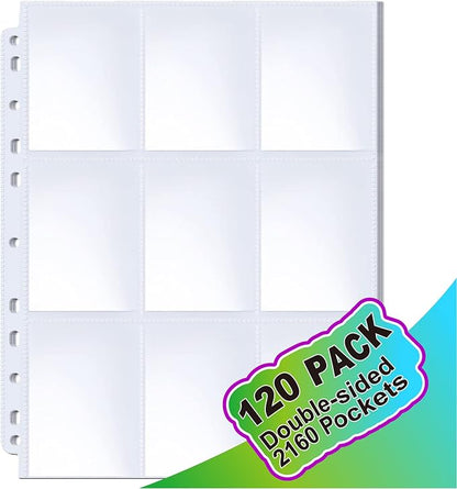 ABLY 120 Pages Double-Sided Trading Card Pages Sleeves 9-Pocket Clear Plastic Game Card Protectors for Skylanders, Pokemon, Baseball Cards and More, Fit 3 Ring Binder