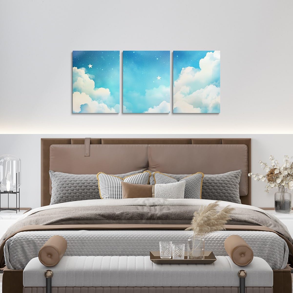 Feelyou Blue Galaxy 3 Piece Canvas Wall Art for Living Room Bedroom Starry Sky Wall Art for Home Decor Dreamy Nebula Office Decor Artwork Blue White Picture Painting Posters
