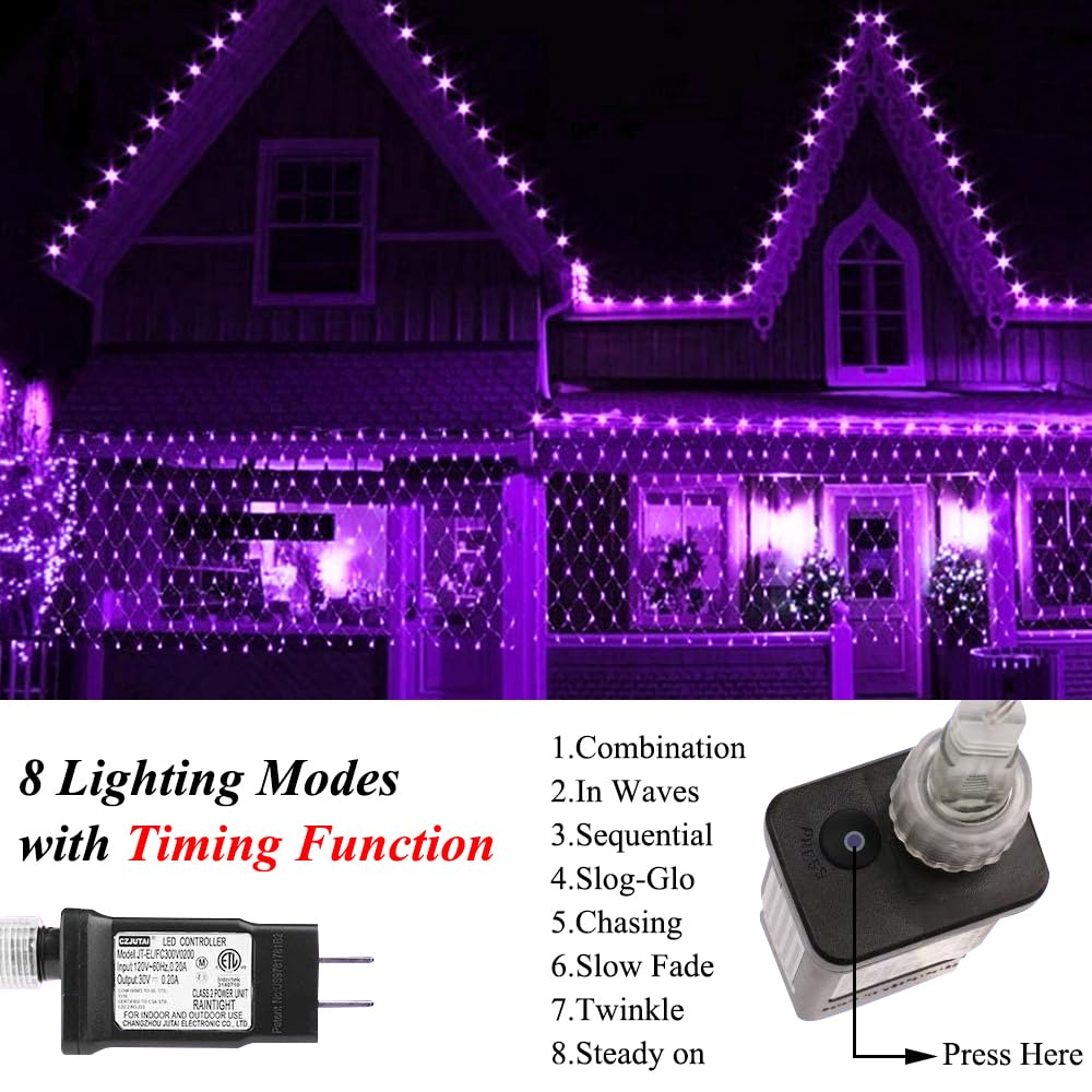 Vicila Net Light Outdoor Mesh Christmas Decorations, 100LED String Light Plug in Connectable Tree Warp Hanging 5ft x 5ft for Halloween, Shrubs, Lawn, Backyard, Walkway, Bushes, Garden Decor-Purple