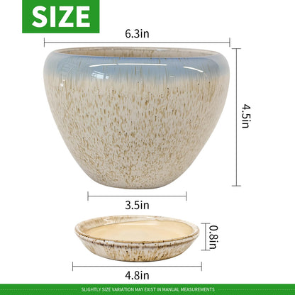 Deep Dream 6 Inch Plant Pots- Ceramic Planter Pot with Drainage Hole and Saucer, Round Flower Pot for Indoor Outdoor Succulent, Snake Plants and Cactus, Beige&Blue