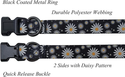 Dog Collar Leash Set, Floral Pattern, Polyester Material, Adjustable Collar and 5ft Matching Leash, for Large Dogs.(L, Black Daisy)