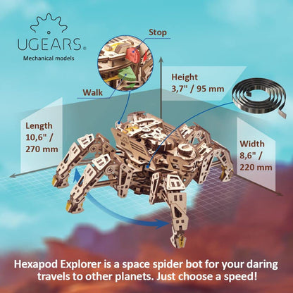 UGEARS Hexapod Explorer 3D Puzzle - Walking Robot Wooden Model Kits for Adults to Build - Self-Propelled 6-Legged Mechanical Crawler Craft Kit - 3D Wooden Puzzles for Adults