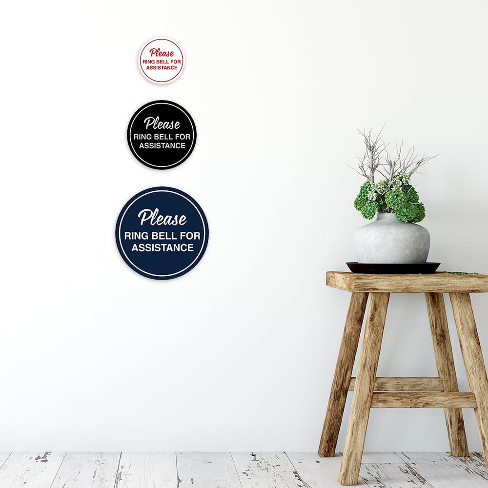 Signs ByLITA Circle Please Ring Bell For Assistance Wall or Door Sign | Easy Installation | Front Desk Reception Sign (Ivory/Dark Brown) - Large (10 Pack)