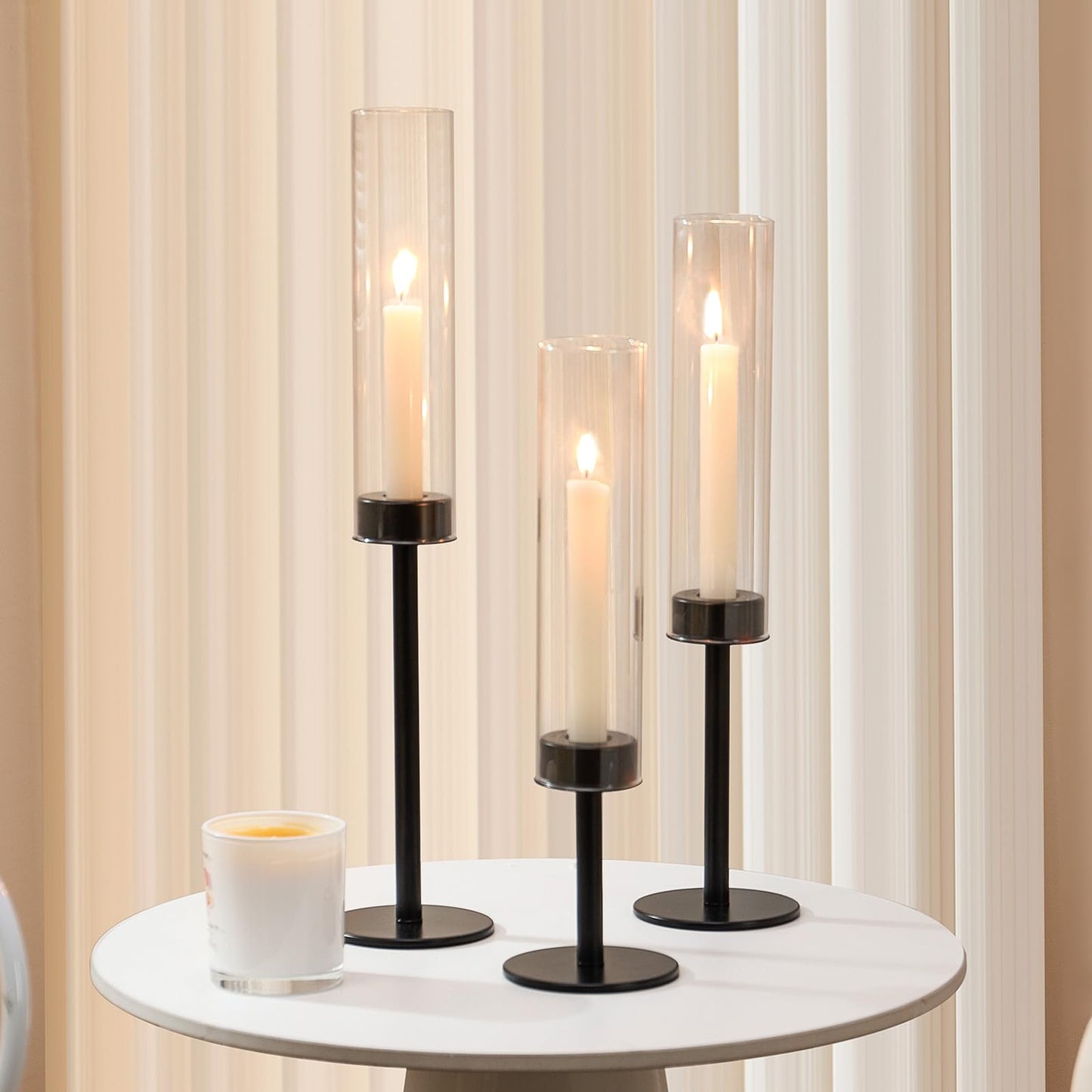 Black Hurricane Glass Candle Holders Set of 3, Tall Metal Taper Candle Stick Holder, Clear Candlestick Holders, Table Centerpieces Decor for Dining Dinner, Weddings, Christmas Fireplace Decorations