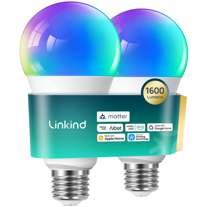 Linkind Matter Smart Light Bulb, WiFi Smart Bulbs, Work with Apple Home, Siri, Alexa, Google, SmartThings, RGBTW Color Changing Bulbs Mood Lighting, Music Sync, A19 E26 60W, 2.4Ghz WiFi 6 Pack