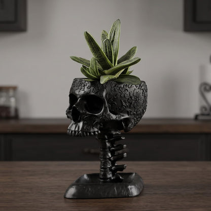 GUTE Skull Planter Pot, Makeup Brush & Pen Holder - Black Skeleton Backbone Plant, 6" Deep Polyresin Strong for Succulents Plants & Flowers - Spooky Skulls Home Decor Serving