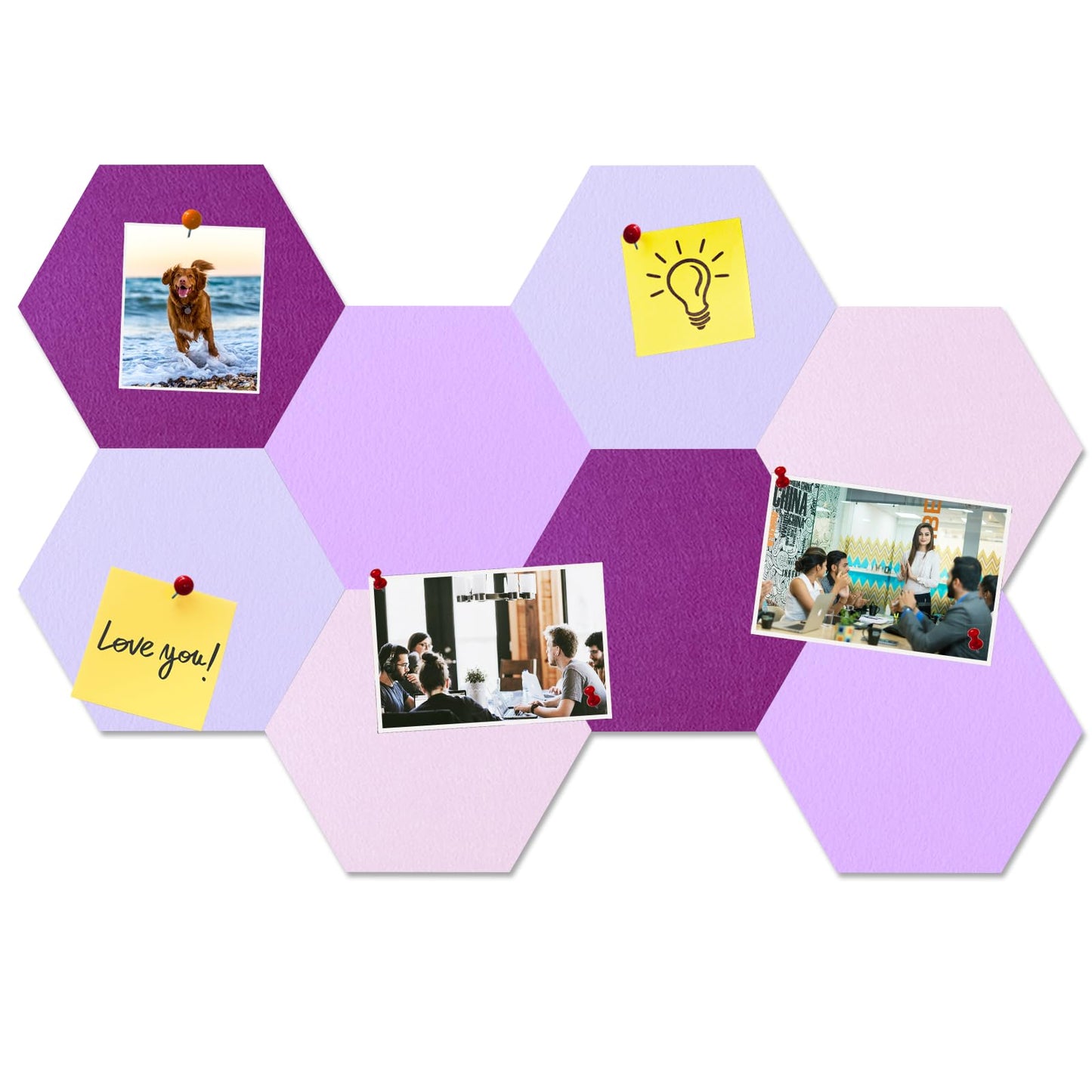 HULAVO Large Hexagon Felt Cork Board Tiles, Self Adhesive DIY Felt Bulletin Board Pin Board with 35 Pushpins for Office School Home Wall Decor Stickers Memos Photos Display(Purple+Pink)