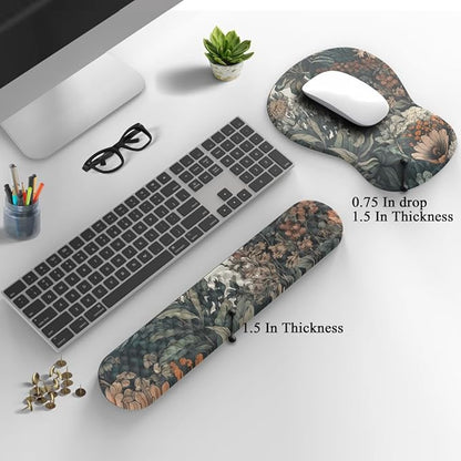 Boho Aesthetic Mouse Pad with Wrist Rest Keyboardpad Vintage Wildflowers Wrist Rest for Computer Keyboard Wrist Rest, Non-Slip Base Home/Office for Computer Keyboard, Made Easy Typing & Relieve