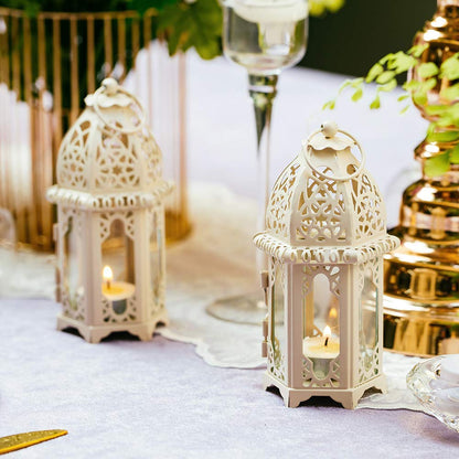 NUPTIO 2 Pcs Moroccan Style Candle Lantern - Small Sized Tealight Candle Holder with Transparent Glass Panels Great for Patio, Indoors/Outdoors, Events, Parties and Weddings, White