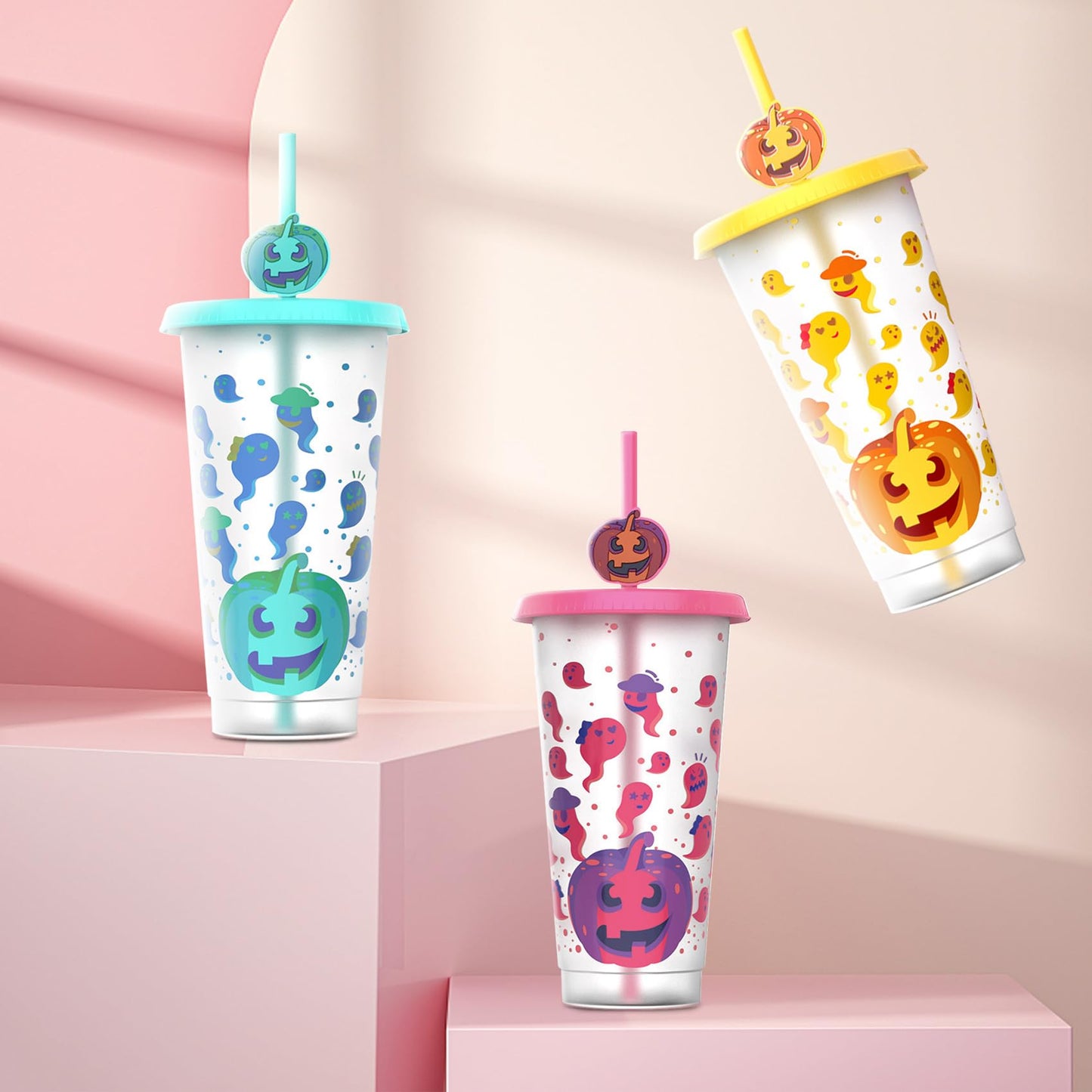 Ftabernam Halloween Color Changing Cups, 3-Pack 24 oz Plastic Cups with Lids and Straws, Tumblers and Water Glasses for Adults, Kids Party, Cute Cup for Ice Drink