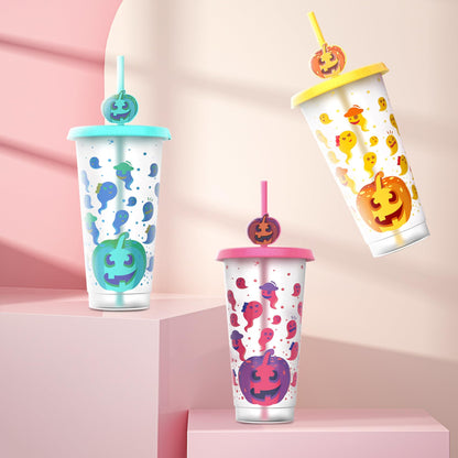 Ftabernam Halloween Color Changing Cups, 3-Pack 24 oz Plastic Cups with Lids and Straws, Tumblers and Water Glasses for Adults, Kids Party, Cute Cup for Ice Drink