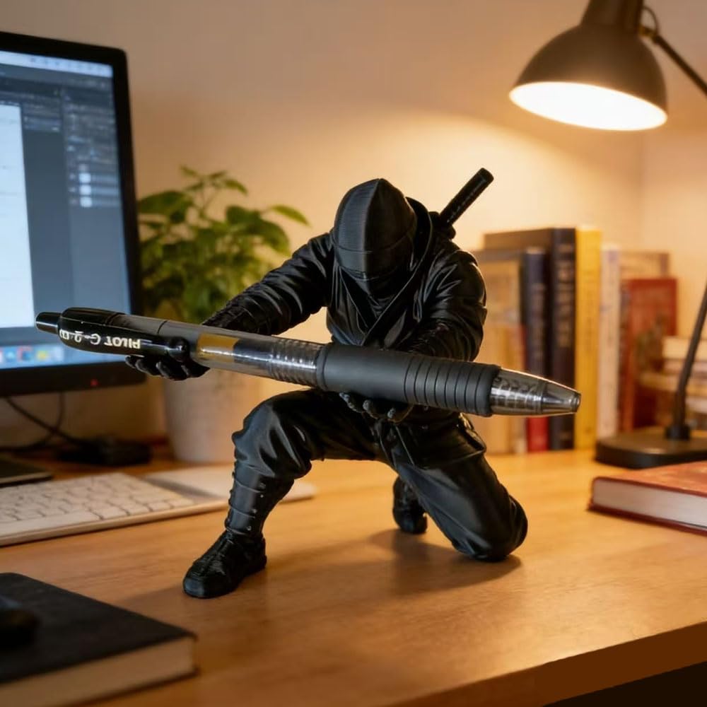 2SupMask Ninja Pen Holder for Desk, Black Ninja Decor Pen Stand Pencil Holder Desk Accessories for Office Home Classroom