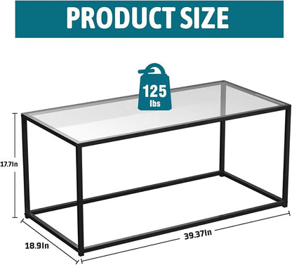 Glass Coffee Table Modern Center Table,Minimalist Coffee Table for Living Room,Tempered Glass-top with Sturdy Metal Frame, Easy Assembly,Black