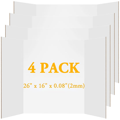 AKONEGE 4Pcs Medium Trifold Poster Board, 26 x 16 Inches White Tri Fold Poster Boards Corrugated Presentation Cardboards for Science Fair, School Projects, Exhibitions, and Business Presentations