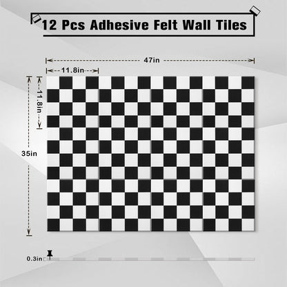 Geyoga 12 Pcs Felt Bulletin Board Tiles for Wall Classroom 12 x 12 Inch Checkered Classroom Wallpaper Backdrop Decor Racing Acoustic Wall Panels Self Adhesive for School Office Home(Racing)