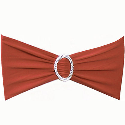 SINSSOWL Pack of 50 Spandex Terracotta Chair Sashes Bows Elastic Chair Bands with Buckles for Wedding Reception Banquet Bridal Shower Halloween Decorations - Terracotta/Brick Red
