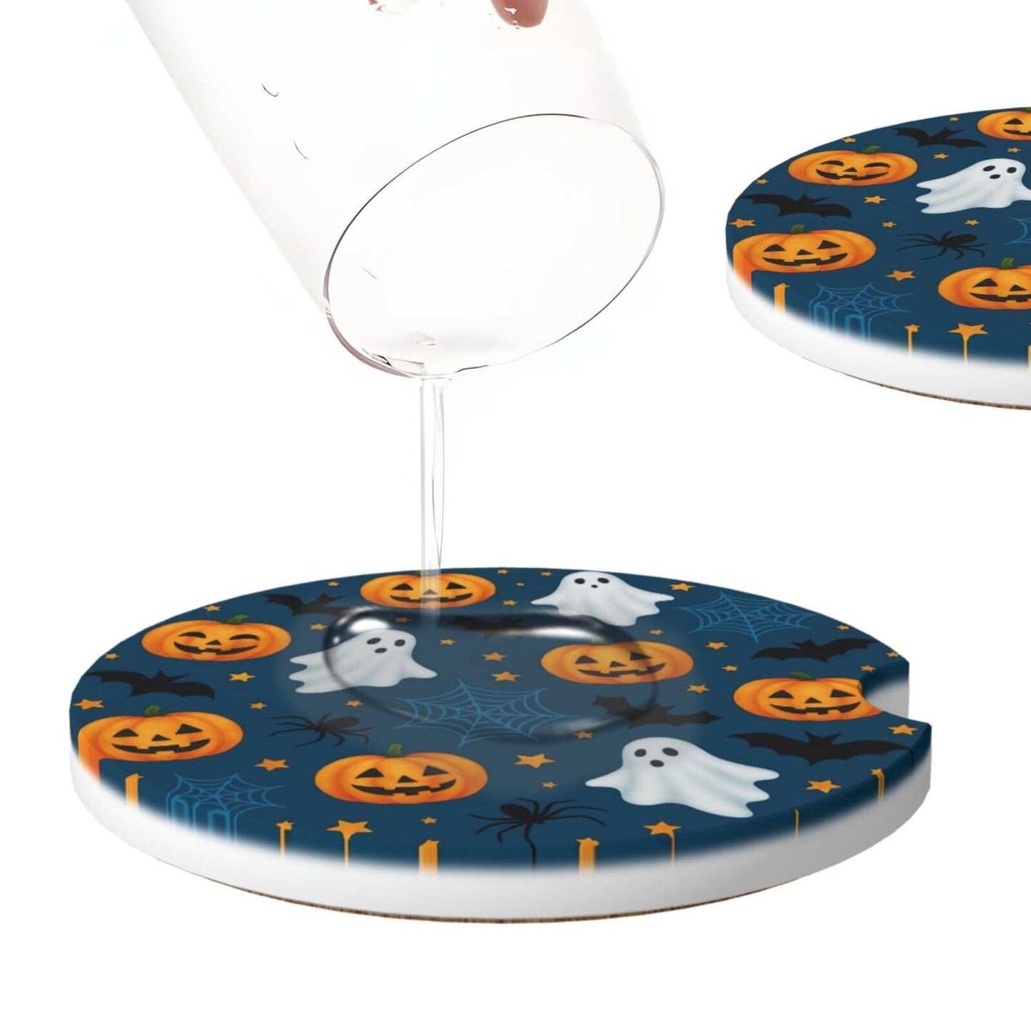 Famame 2 Pcs Halloween Cute Ghost Bat Spiders Ceramic Car Coasters Anti-Slip Absorbent Coaster Sets for Drinks Car Decor Auto Accessories