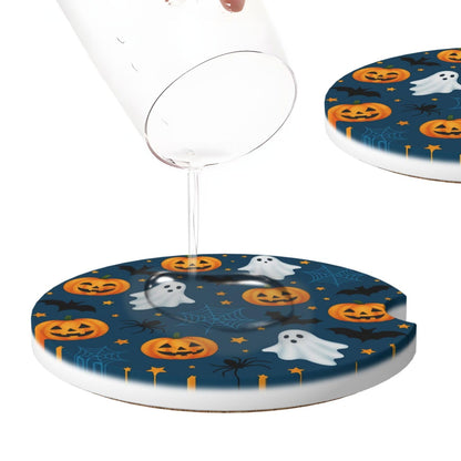 Famame 2 Pcs Halloween Cute Ghost Bat Spiders Ceramic Car Coasters Anti-Slip Absorbent Coaster Sets for Drinks Car Decor Auto Accessories