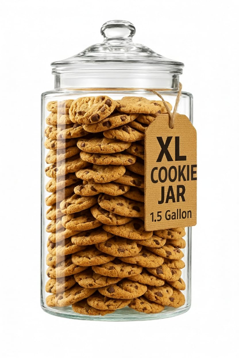 1.5 Gallon Glass Cookie Jar - Tall Food Storage Container with Airtight Lid - Large Kitchen Canister for Sugar, Flour, Dog Treat, Candy, Biscotti & Apothecary - Pack of 1
