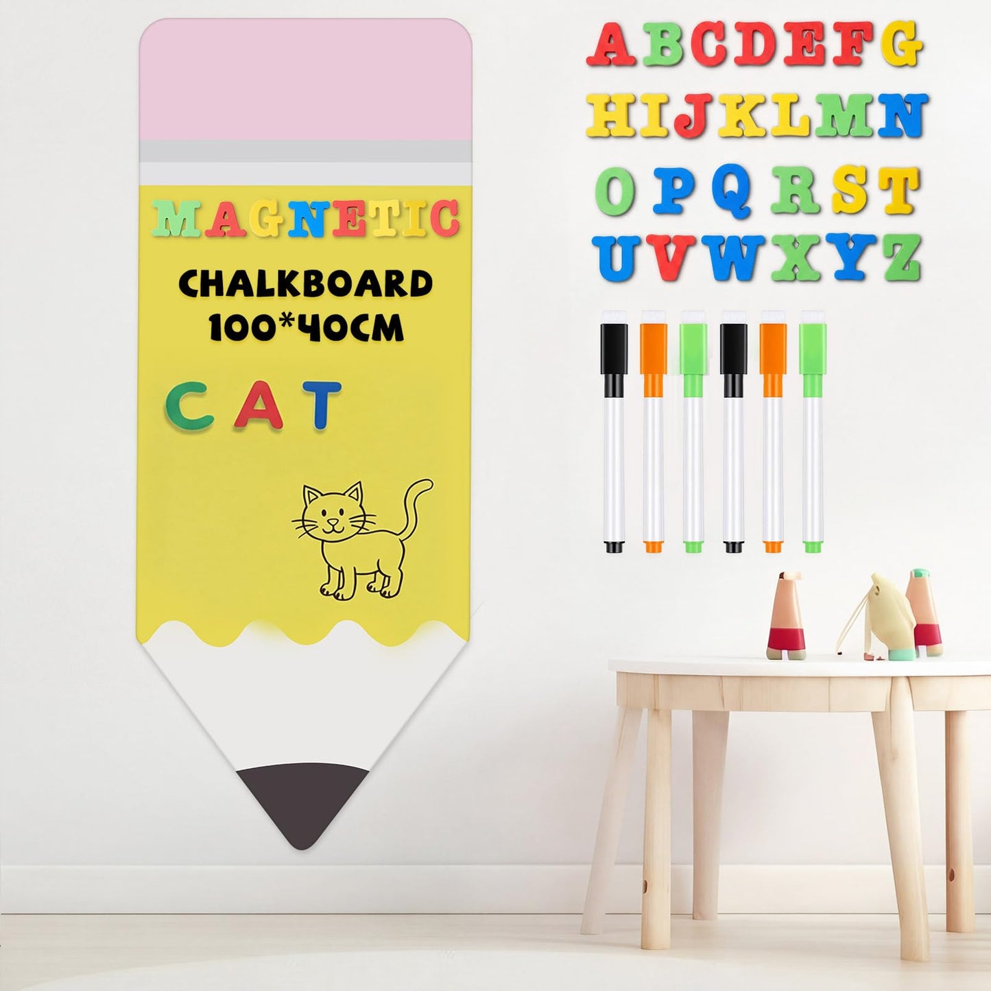 AmazingSpark Magnetic Chalkboard for Wall 39.2" x 15" Pencil Wall Decal Self Adhesive with 26 EVA Magnet Letters and 6 Dry Erase Markers for Kids Playroom, School, Classroom, Home Decor