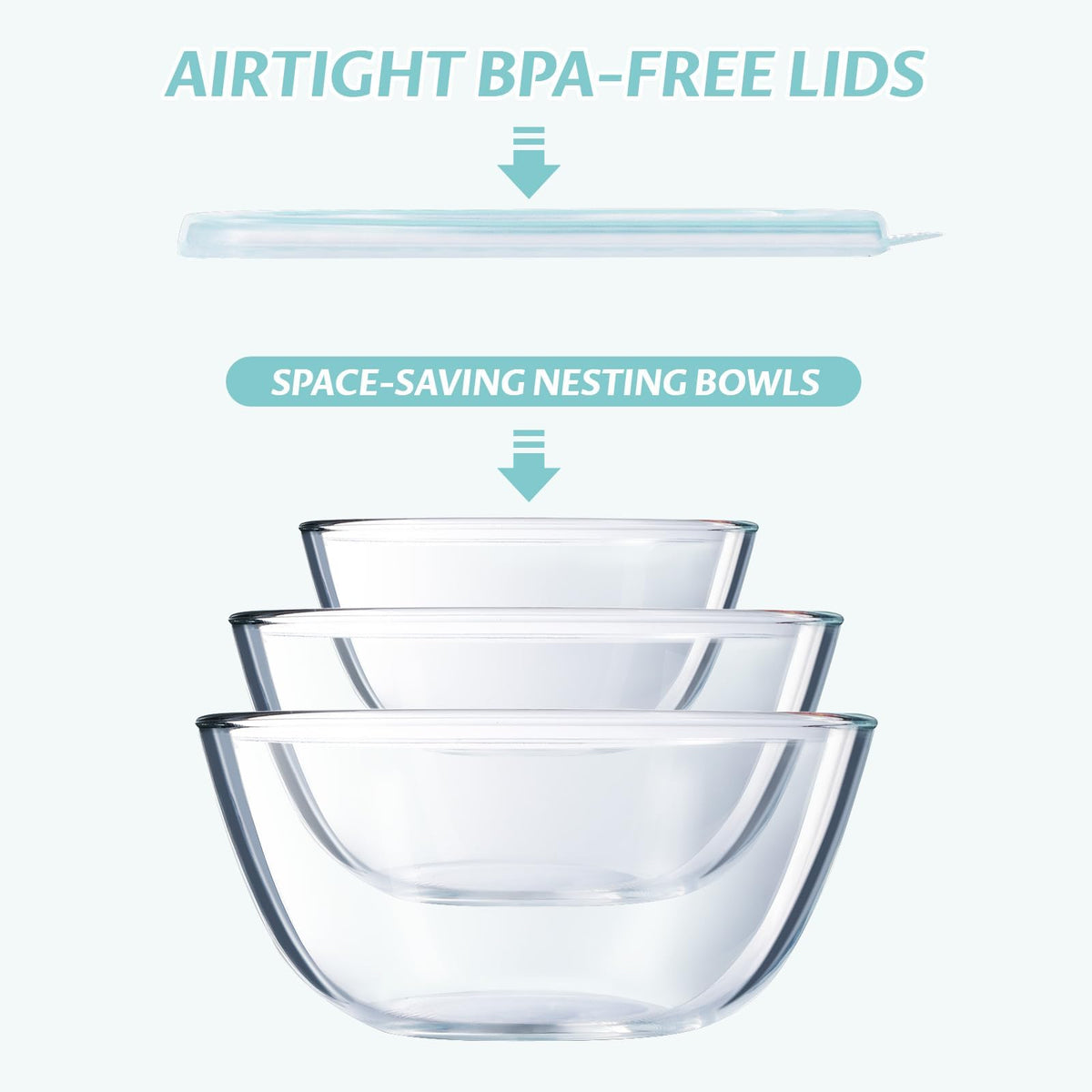 Luvan Glass Mixing Bowls with Lids Set(4.5QT, 2.7QT, 1.1QT)-Large Glass Mixing Bowls, Clear Salad Bowl for Baking, Cooking, Serving, Food Prep, 3PC Nesting Bowls for Kitchen Storage & Dishwasher Safe