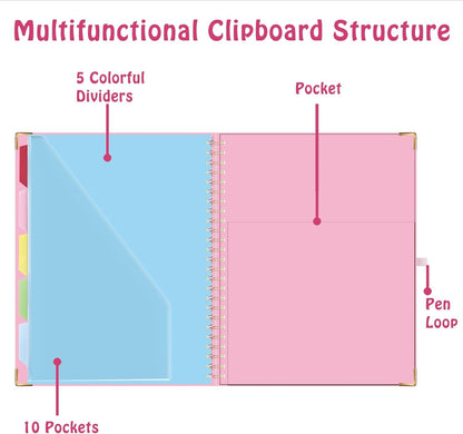 HAUTOCO Clipboard Folio with Refillable Notepad for Letter Size (11" x 8.5"), 5 Dividers with 10 Pockets, Elastic Pen Holder and File Folder Labels, Spiral Nurse Clipboard Artboard(Pink)